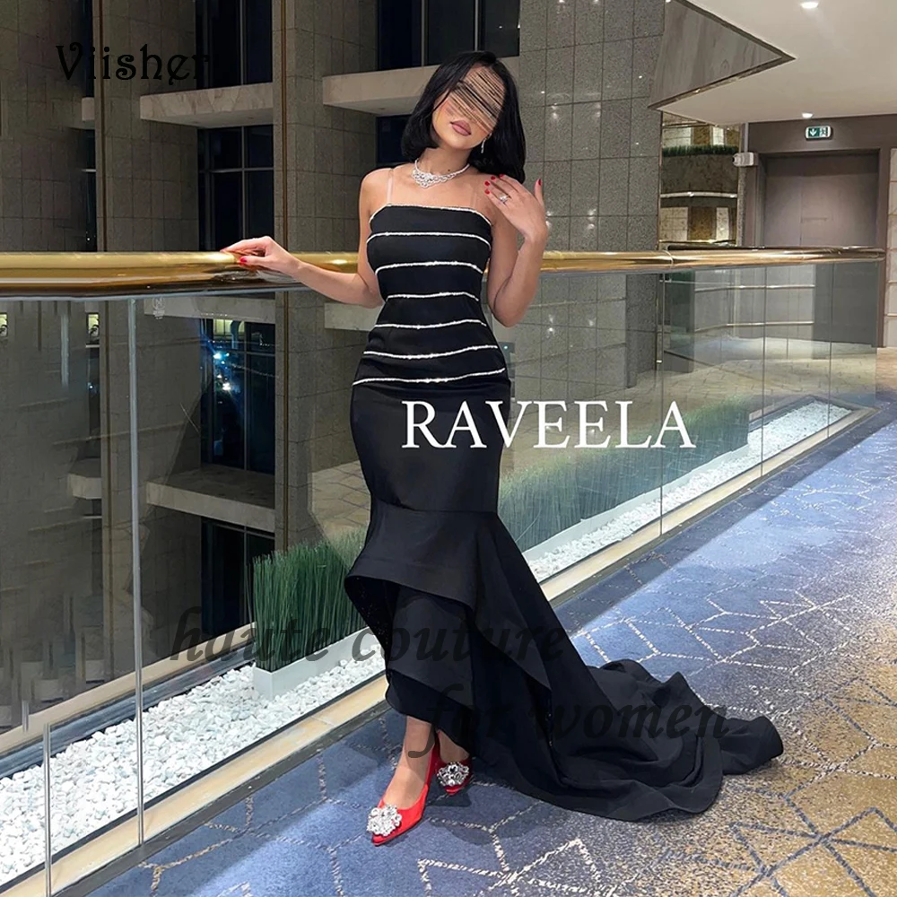 

Black Mermaid Evening Prom Dresses High Low Beaded Satin Strapless Formal Dress with Train Long Arabian Party Occasion Gowns
