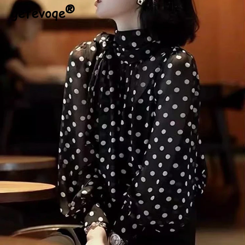 Women Fashion Polka Dot Printed Ruffled Blouses Office Lady Sexy Sheer Elegant Commute Shirts Half High Collar Long Sleeve Tops