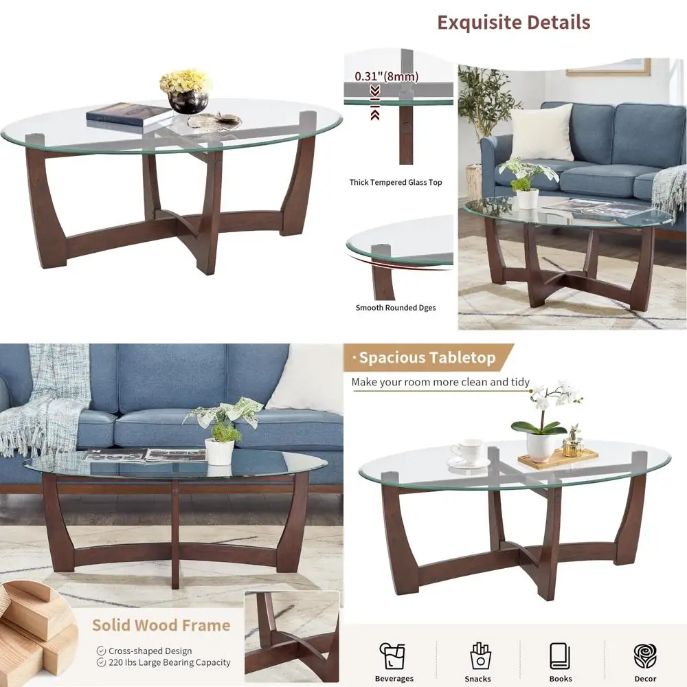 Modern Oval Tempered Glass Coffee Table with Solid Wood Base for Living Room, Simple & Stylish Center Table