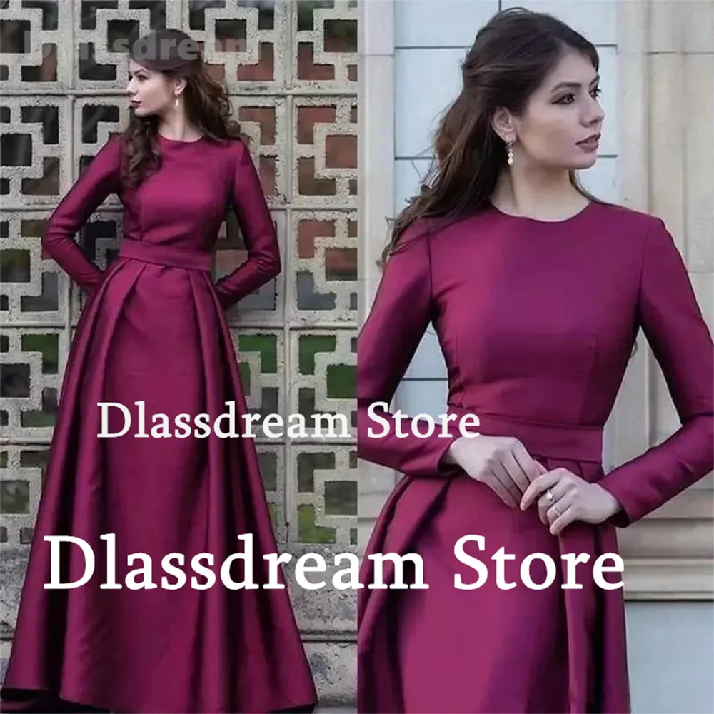 Plain Satin Formal Evening Dress O-Neck Long Sleeves Undetachable Train Floor-Length Wedding Party Dress Bridal Gown Prom Dres