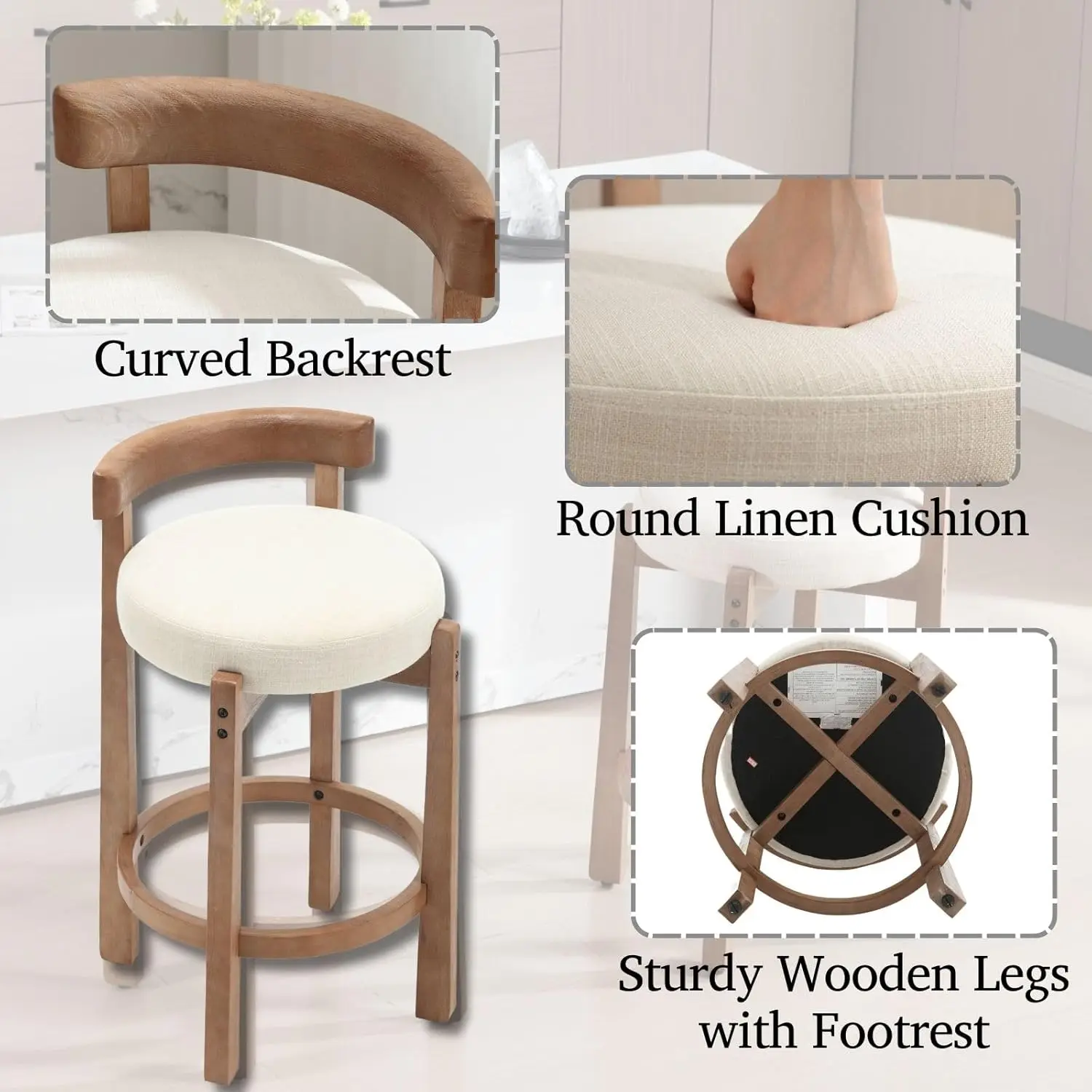 Upholstered 26.5” Seat Height Low Barstools with Natural Wood Legs Round Low Back Kitchen Stools with Footrest image 4