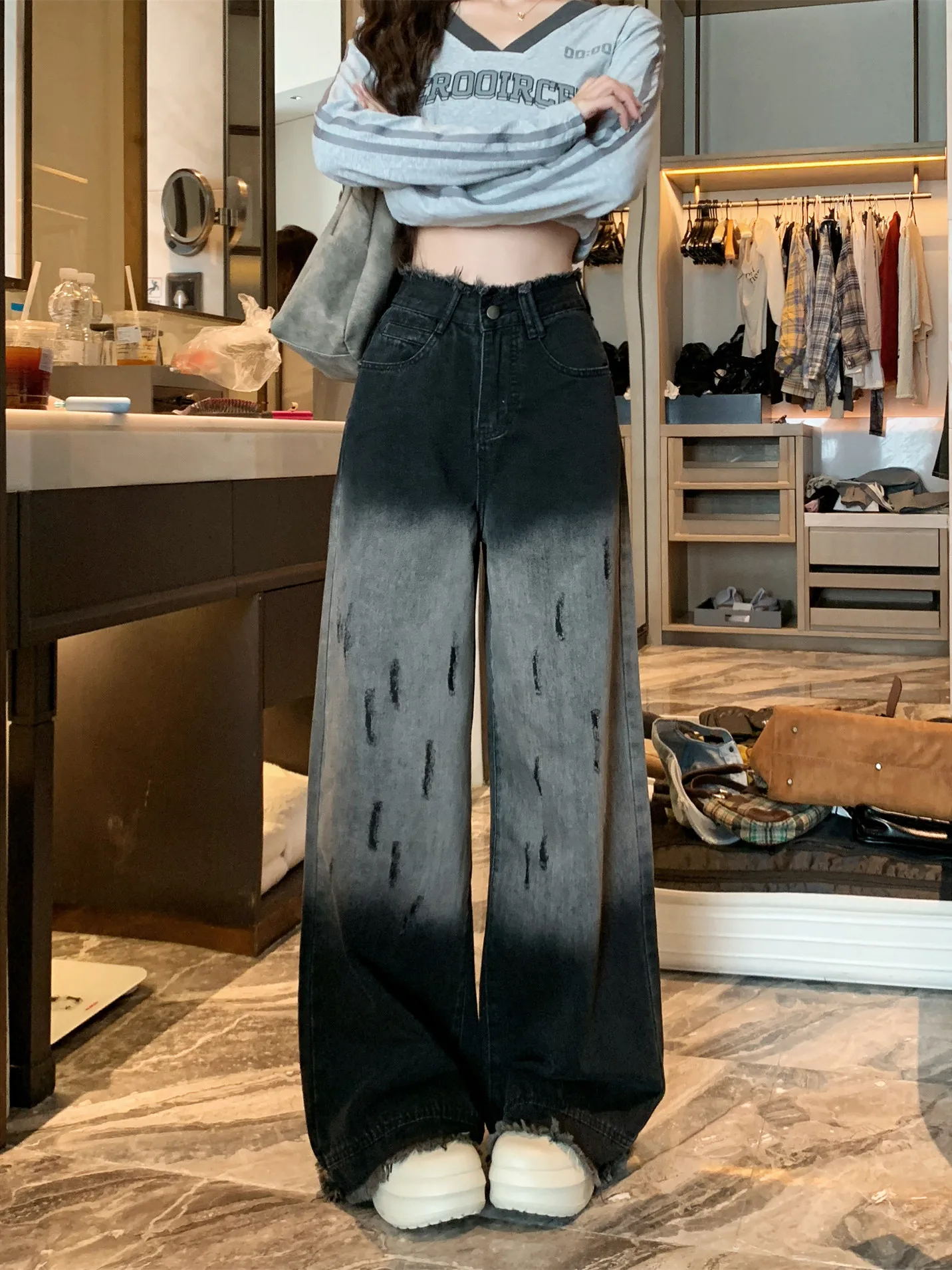 

Retro Large Size High Waist Wide Leg Jeans Women's Fashion Frayed Hem Maternity Slimming Pants Autumn Season Denim Skinnies