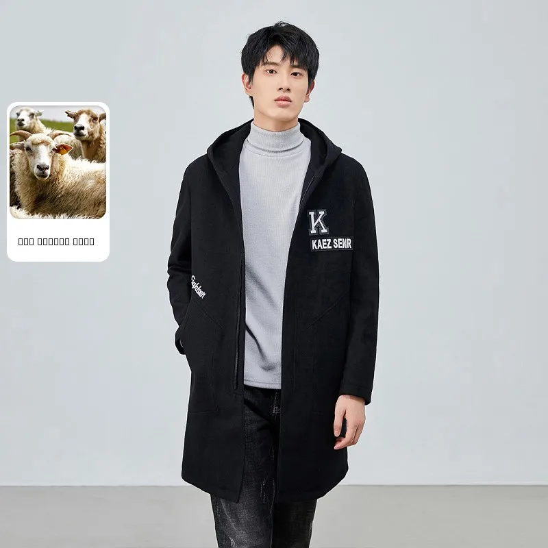 

Faionable Woolen Men's Coat 2024 Winter New Arrival Hooded Cotton-Enhanced Mid-Length Busin Casual Loose Fit Youth Trend