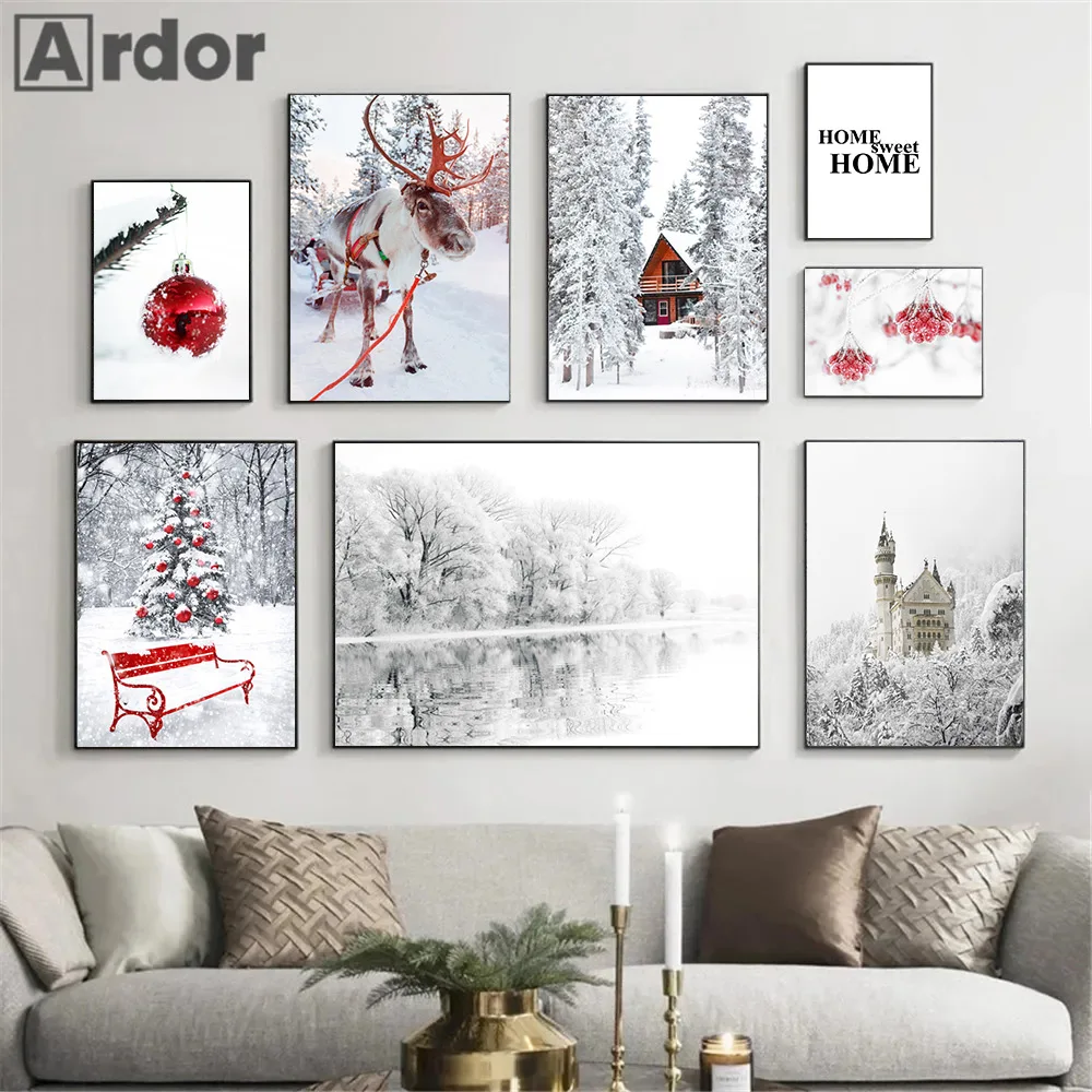 

Winter Landscape Elk Wall Art Poster Snow Tree House Canvas Painting Christmas Print Nordic Wall Pictures Living Room Home Decor