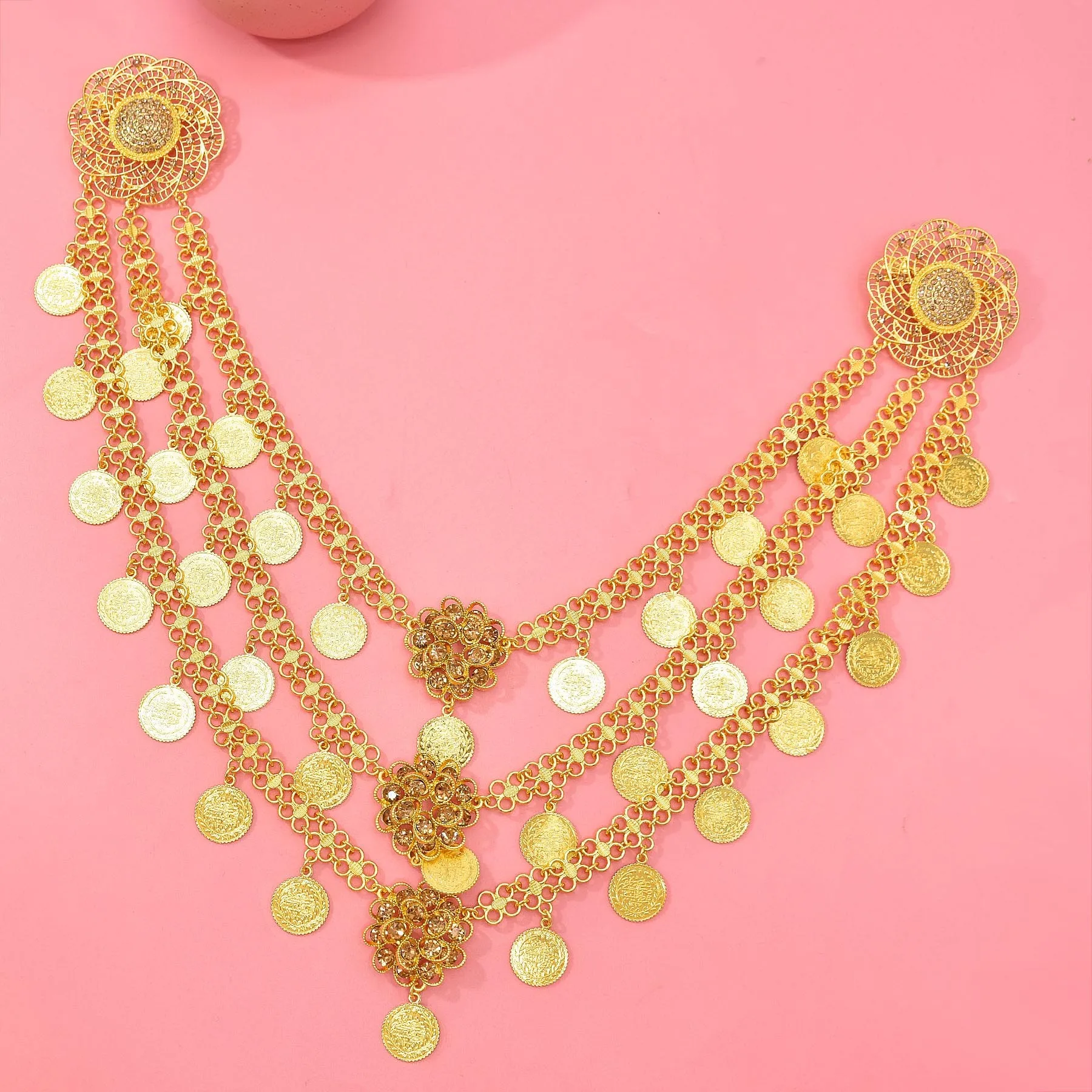 

3 Layer Gold Plated Coins Crystal Flower Pin Necklace for Women New Luxury Indian Arab Bride Wedding Accessories Neck Jewelry