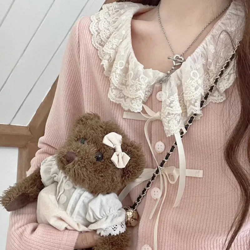 Long Sleeve Knitted Cardigans Women Single Breasted Patchwork Sweet Lace Fall Winter Lovely Casual Tops Bow V-neck All-match Ins