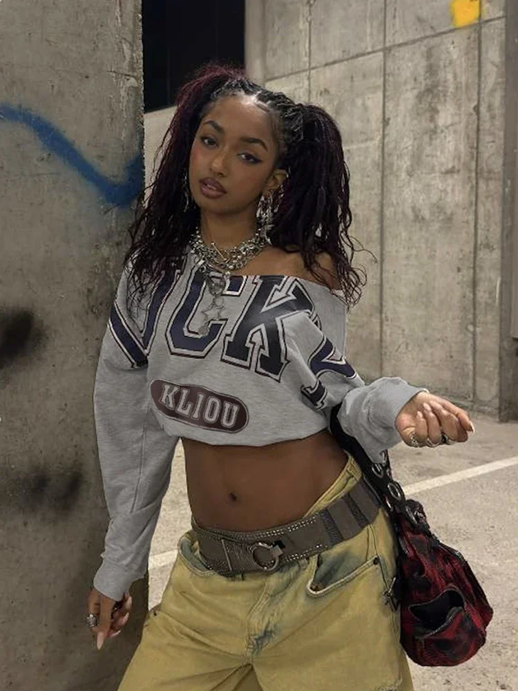 Weird Puss Skew Collar Crop Tops Women Letter Print Full Sleeve 2025 Spring Trend Casual Streetwear Y2K Wild Basic Sexy Tees