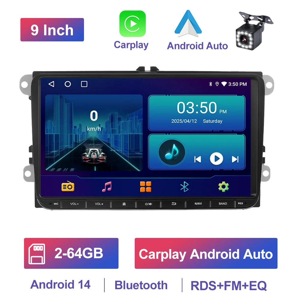 GEARELEC 9" Autoradio voor VW Golf Passat B6 B7 Skoda's Octavia Polo Tiguan 2 Din draadloos Android 13 CarPlay Android RDS Auto DSP BT 4G GPS Auto Multimediaspeler voor Volkswagen