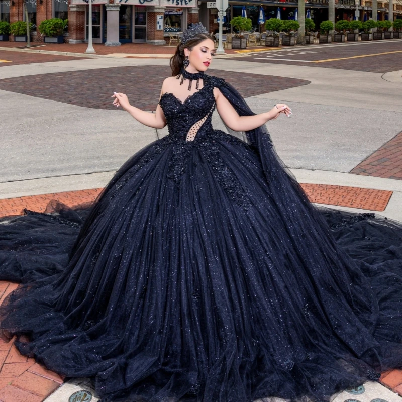 

Черные блестящие платья Quinceanera с открытыми плечами и аппликацией, кружевное тюлевое платье с бисером и кристаллами для вечеринки, дня рождения, сладкое платье 16, Vestidos 15 De