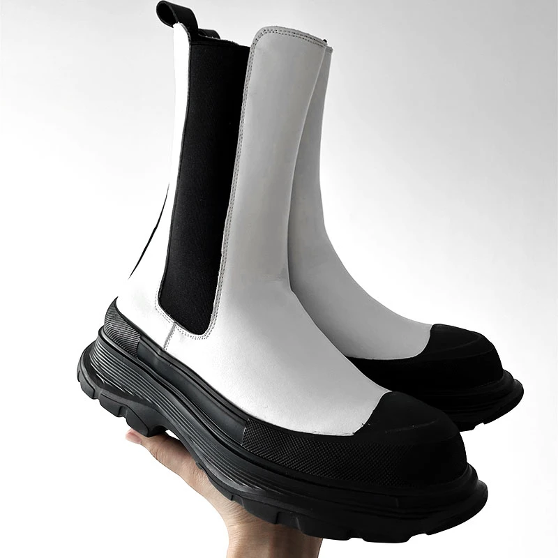 Botas Chelsea de lujo para hombre, estilo cosplay, de cuero natural, sin cordones, plataforma, estilo cowboy, negras y blancas, largas.