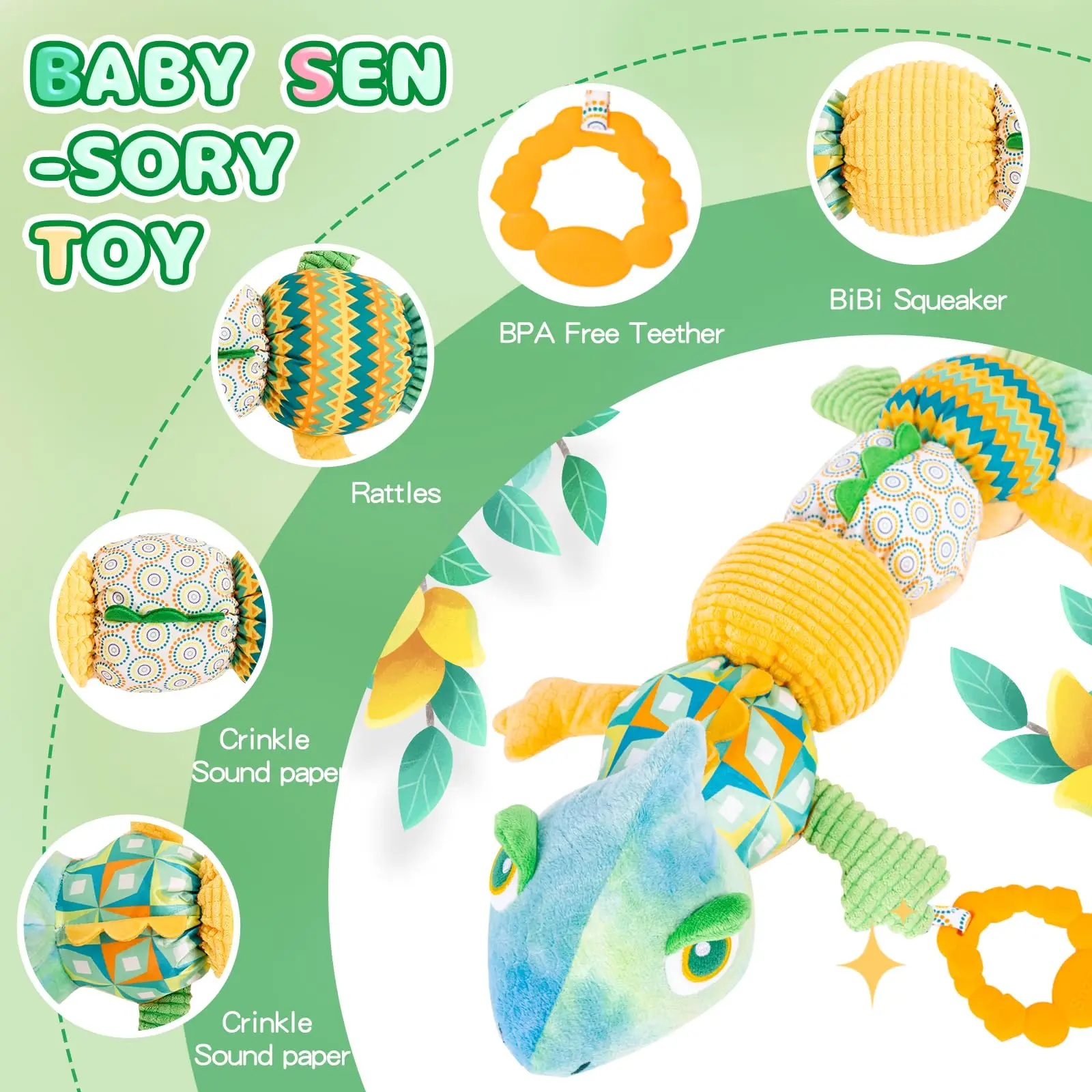 Chameleo Infant Toys Baby Musical Stuffed Animal Toys with Rattles Crinkle BellBaby Teething Toys for Tummy Time Newborn Sensory