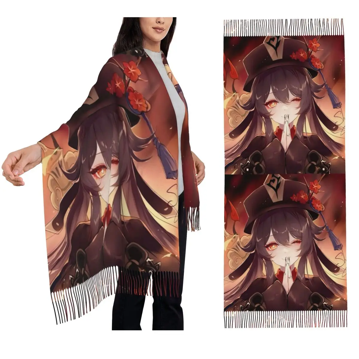 Genshin Impact Bufanda Bufandas con borlas para mujer Chales y chales suaves y cálidos Chal grande para otoño e invierno