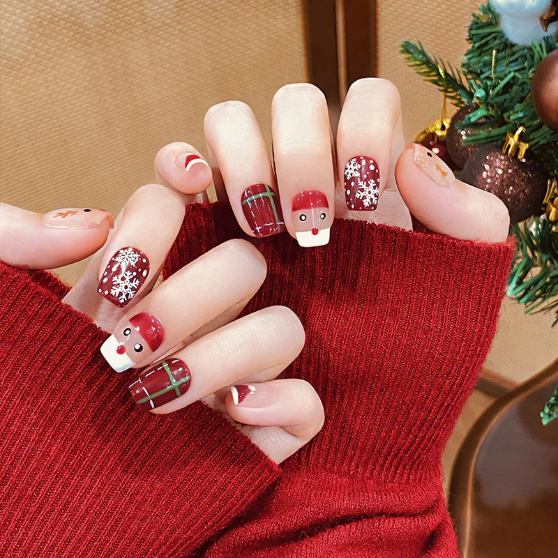 10pcs Christmas Handmade Press On Nails Gifts for Girls Wearable Fake Nails Snowman Little Deer Designed Ballet Nail Art