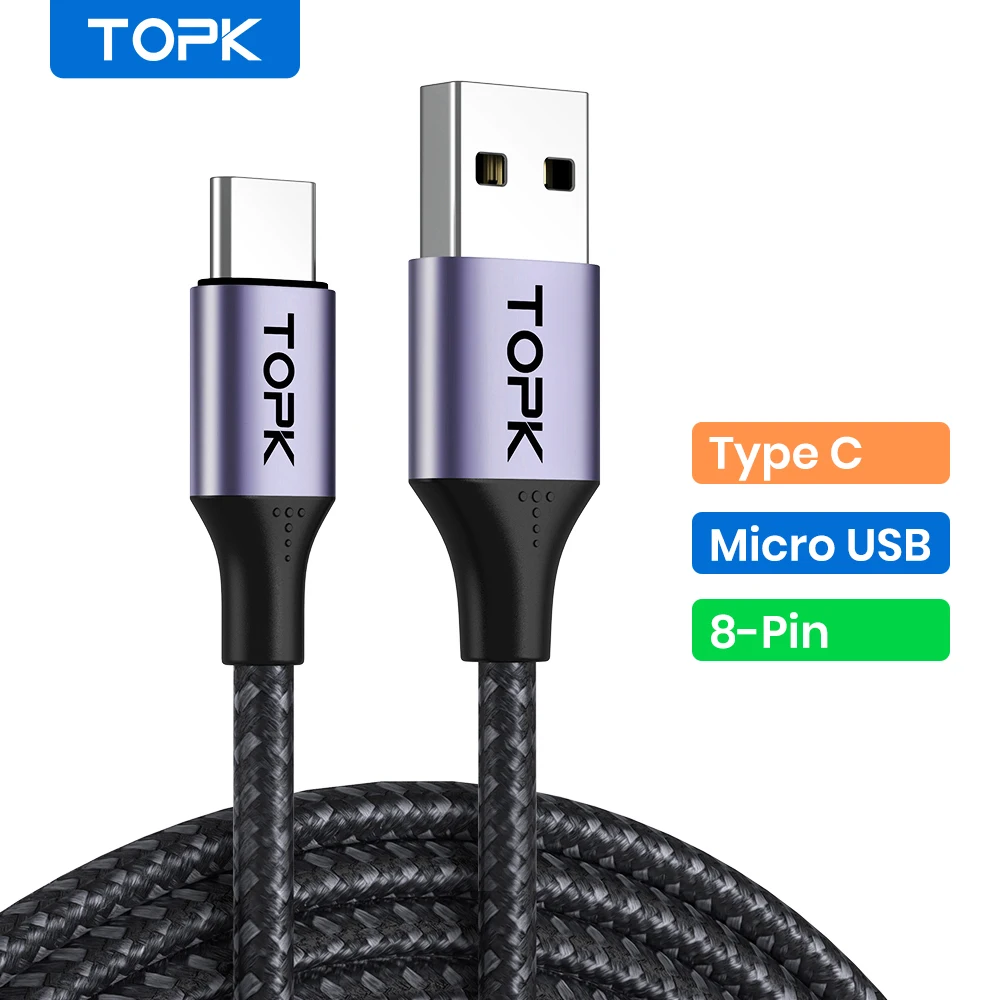 TOPK 3A Micro USB Type C Phone Charger Charging Cable Quick Charge Mobile Phone Cables Wire for Xiaomi Redmi Note 10 9