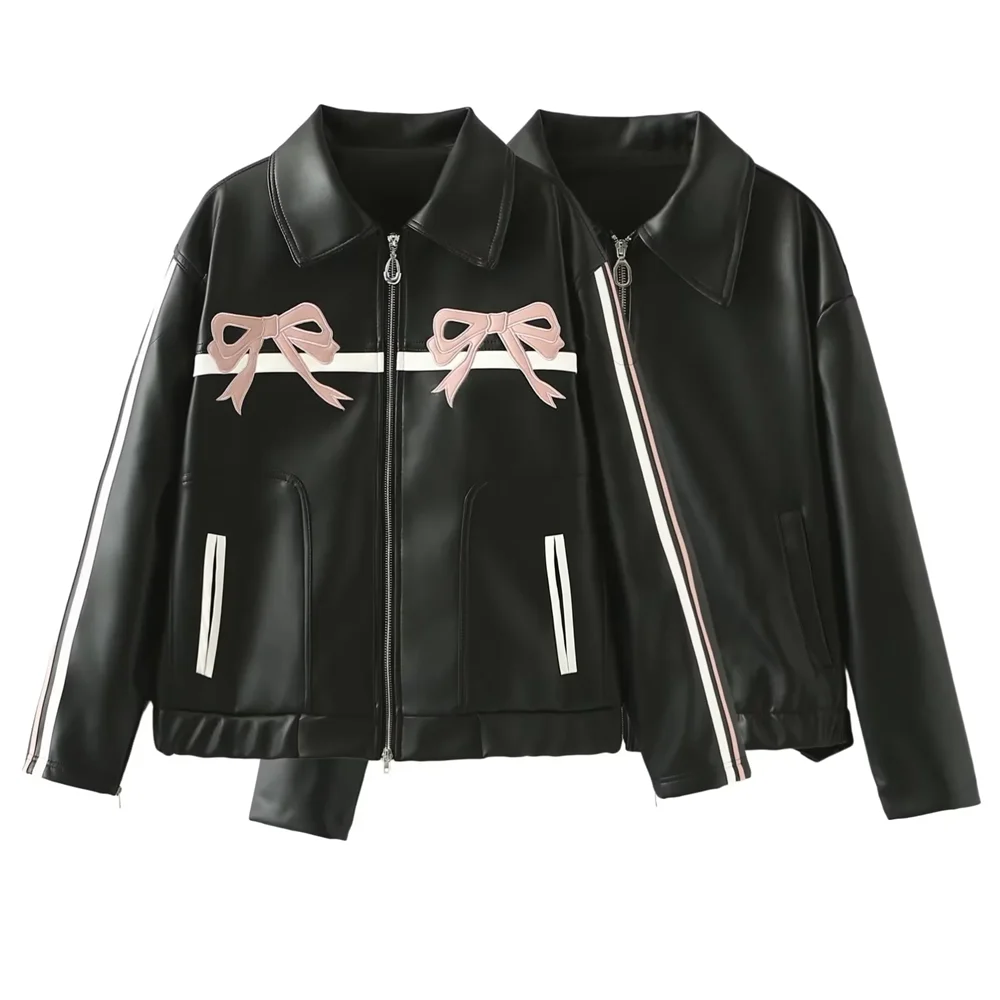 Sweet and cool bow tie leather jacket for women 2024 autumn and winter new design casual black leather jacket