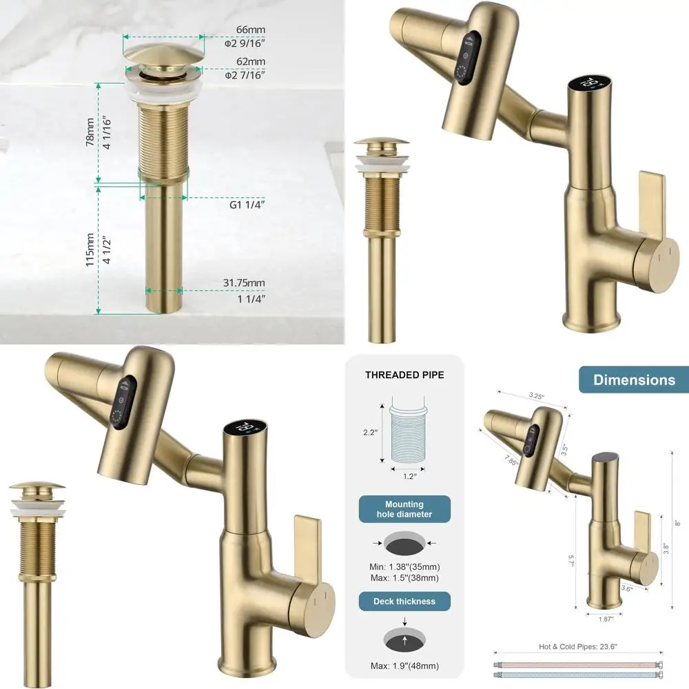 

Contemporary Brushed Gold Rotatable Faucet with Pop-Up Sink Drain, No Overflow D01