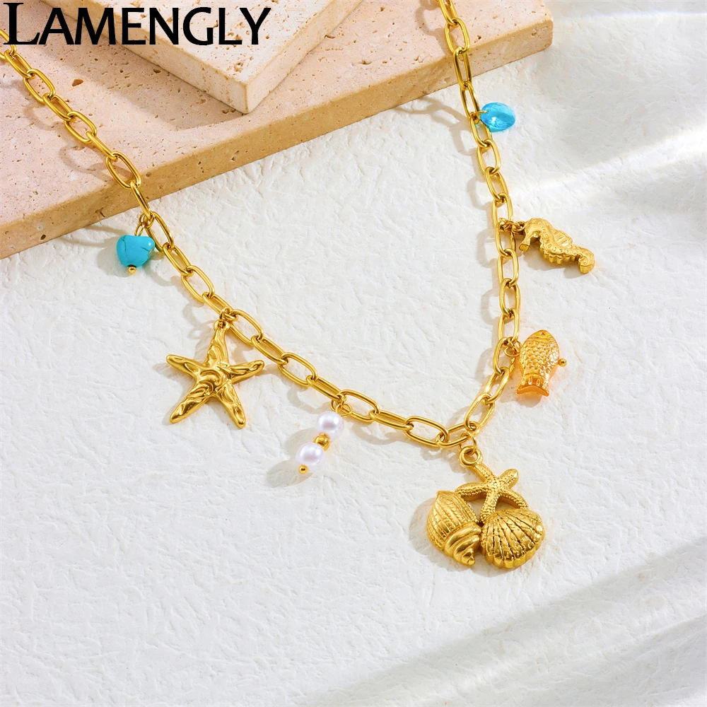 

LAMENGLY 316L Stainless Tropical Ocean Style Shell Starfish Conch Pendant Necklace For Women Girl Novel Trendy Clavicle Chain