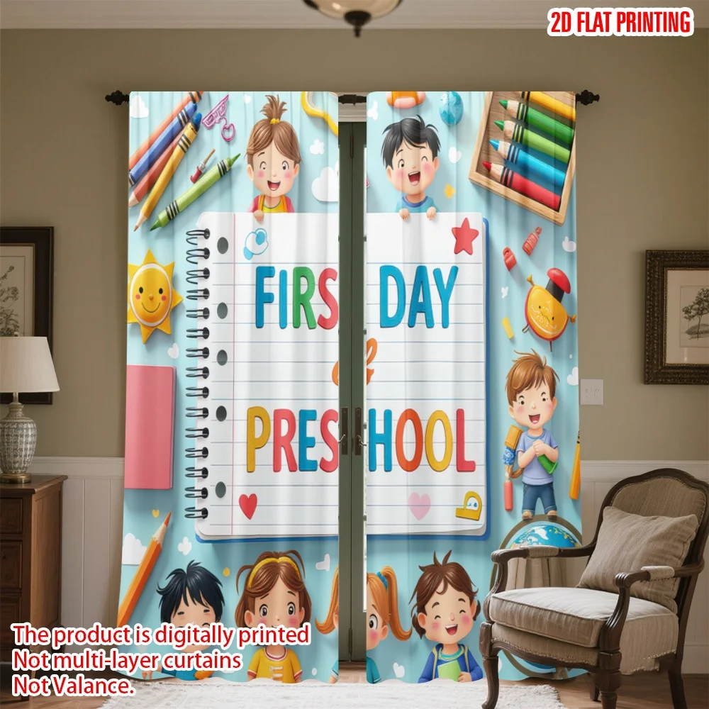 

2D flat printing 2pcs Party Curtains First Day of Preschool Celebration Digital Printed Polyester Drapes All Season Party &