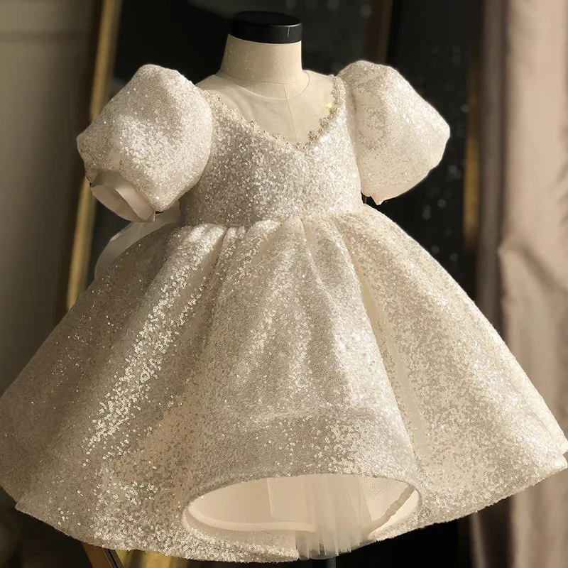 

Sequin Baby Girls Wedding Party Dress Children Princess White Tulle First Birthday Outfit Toddler Baptism Christening Ball Gowns