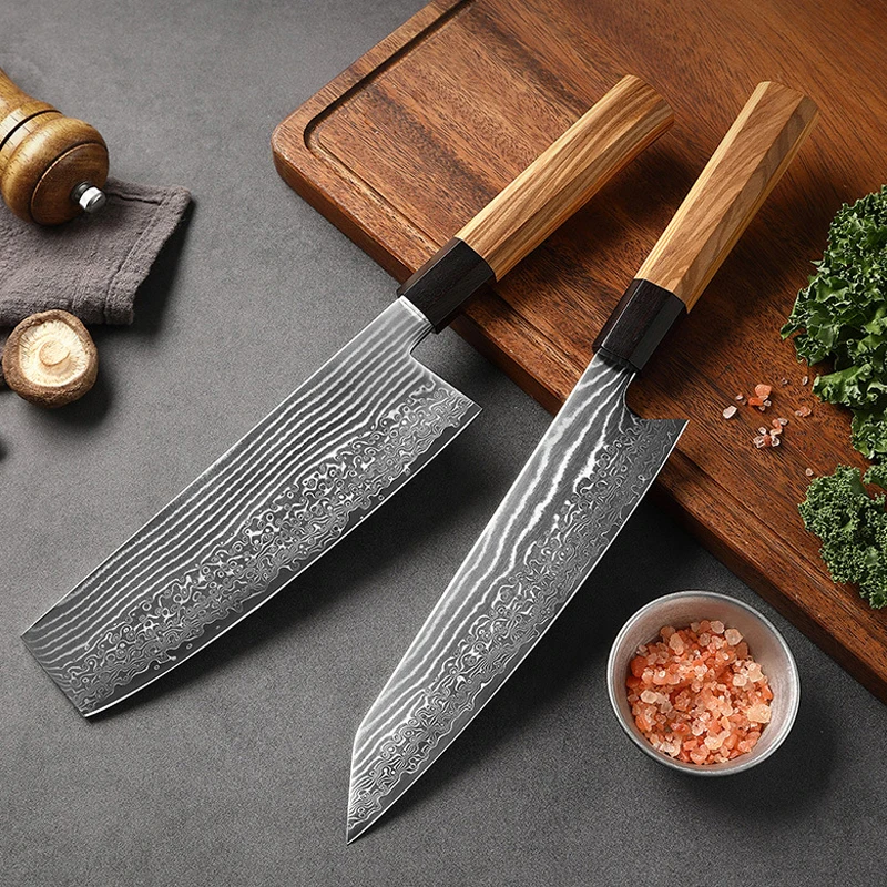 WILDMOK Full Tang Damascus Kiritsuke & Cleaver Knife, Wear-resistant Blade, Ergonomic Octagonal Olive wood for Cutting, Slicing