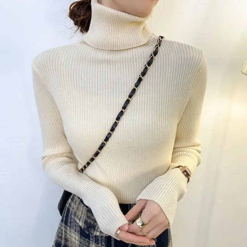 Turtleneck Knitted Sweaters for Women Solid Color Slim Fit Female Pullover Sale All Cheap Winter 2024 Casual Japanese Style Top