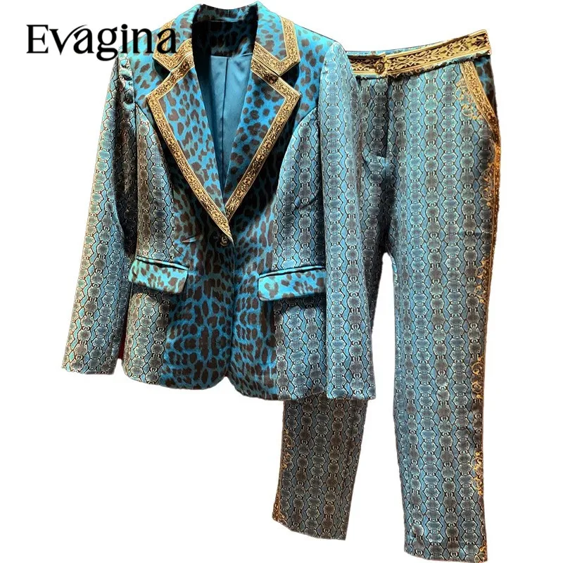 Evagina High End Vintage Print Suit Spring Autumn Women\'s Suit Collar Single Button Coat＋Trousers Holiday Loose Two Piece Set