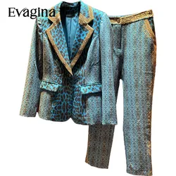 Evagina High End Vintage Print Suit Spring Autumn Women's Suit Collar Single Button Coat＋Trousers Holiday Loose Two Piece Set