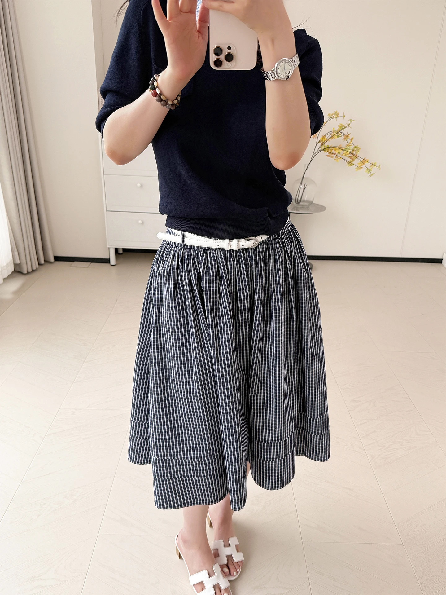 

Женская хлопковая юбка А-силуэта с завышенной талией, в стиле ретро, свободного кроя, повседневная, чисто-синяя и белая, для стройности фигуры