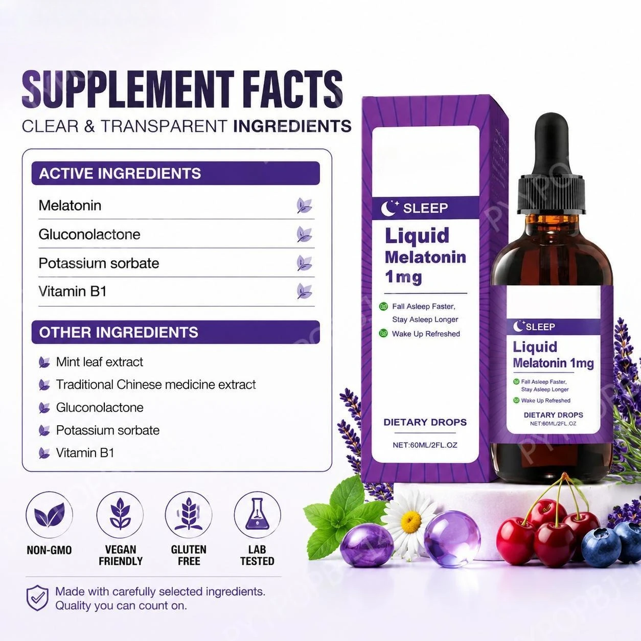 Liquid Melatonin 1mg Sleep Drops,Support Faster Sleep Onset,Support Restful Night Time,Support Refreshed Morning Feeling,60mL