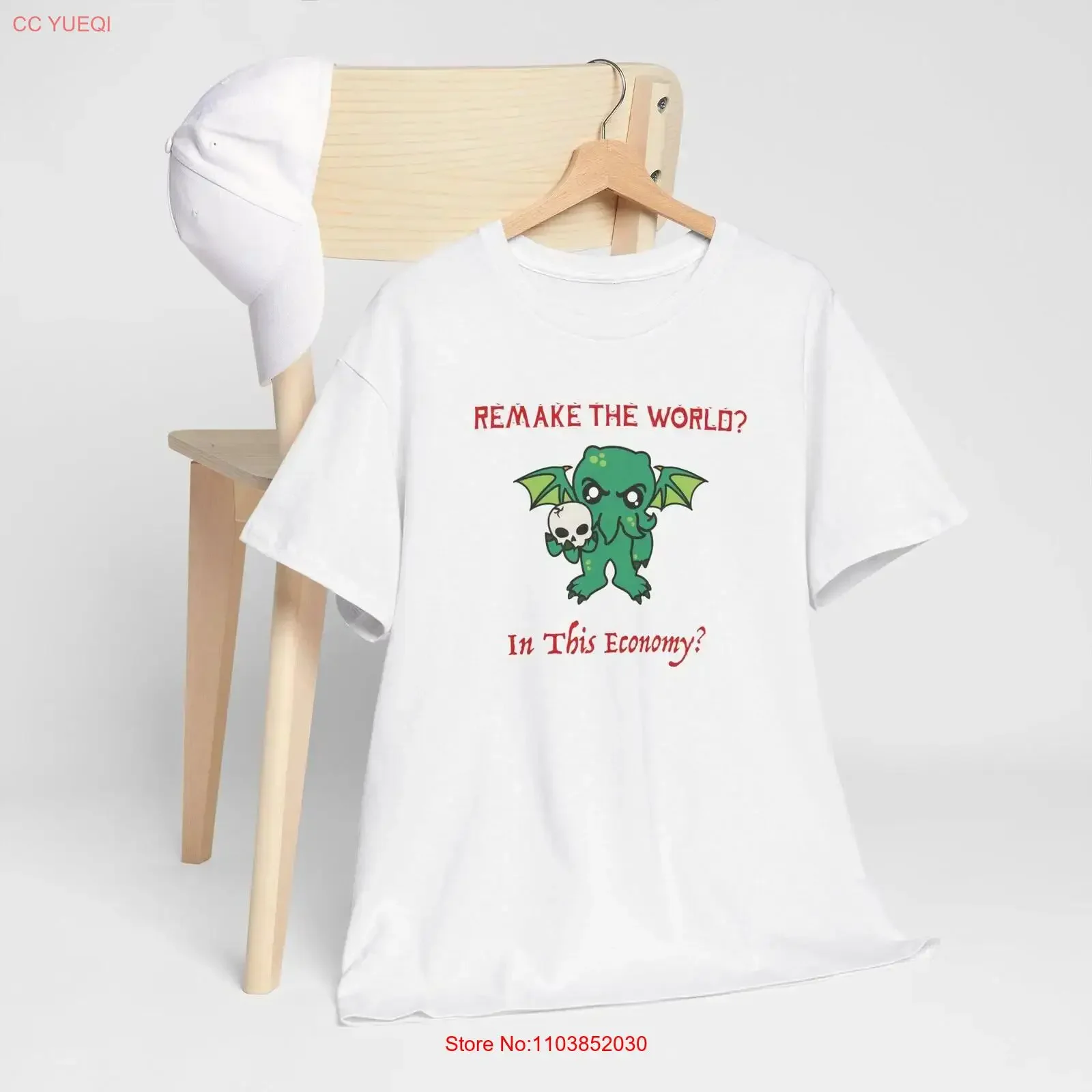T-shirt en coton épais à thème Cthulhu « Remake the World In This Economy », parfait pour les fans de la culture mythologique geek, style vintage délavé
