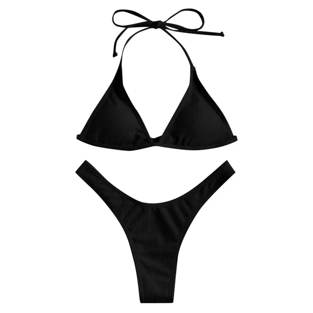 Women Sexy Solid Push Up High Cut Halter Bikini Set Two Piece Swimsuit