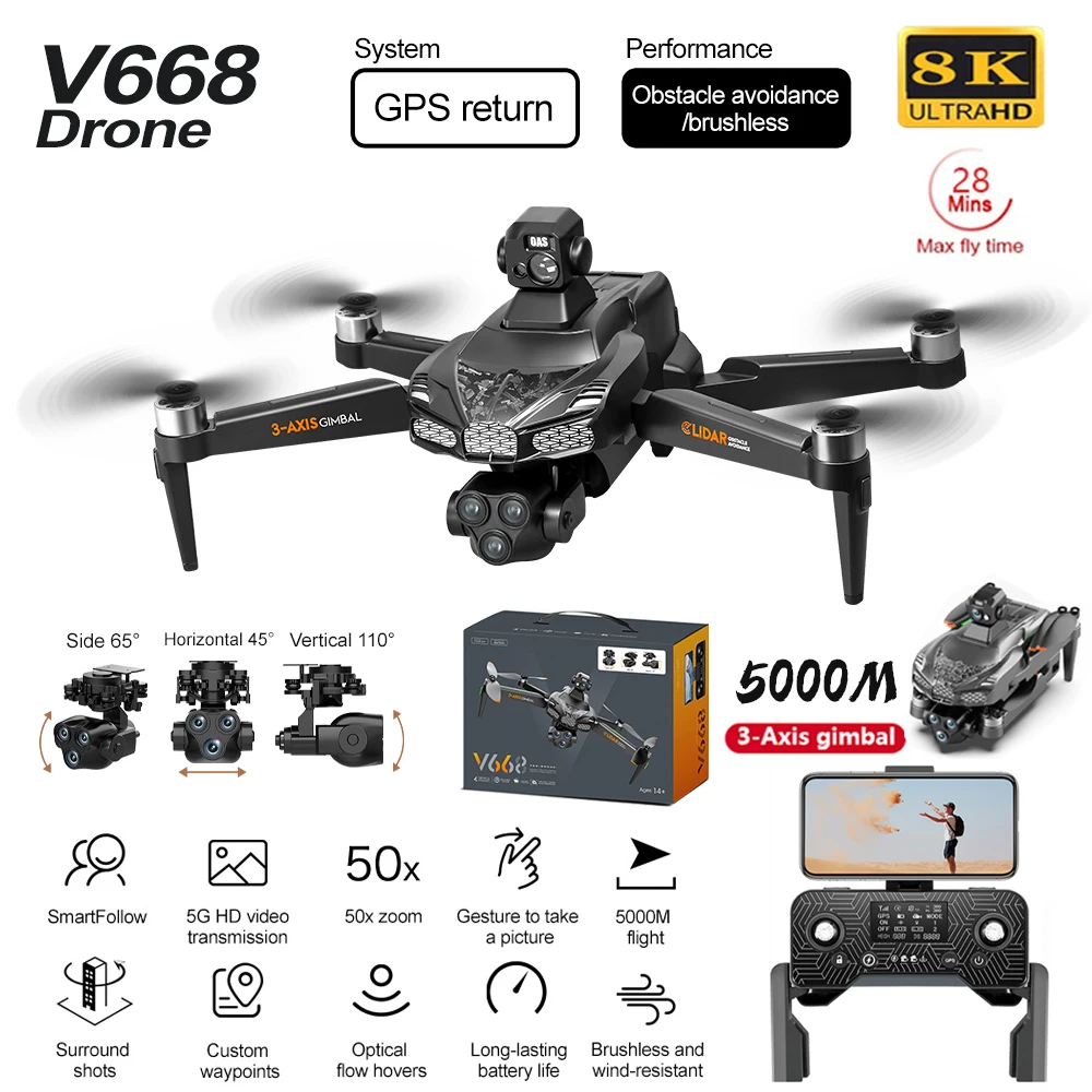 

V668 GPS Drone 8K Professional 3-Axis PTZ HD Three Camera 5G WIFI FPV Dron Obstacle Avoidance Brushless Motor RC Quadcopter Toys