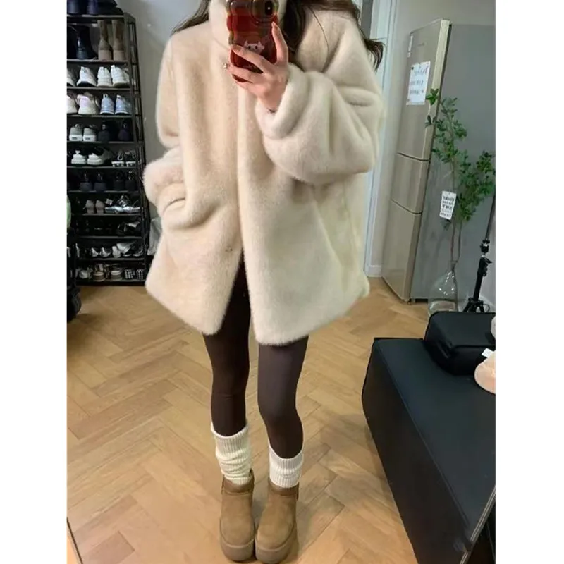 Faux Mink Fur Coat for Women,Covered Button Jackets,O-Neck Overcoat, Female Clothes, Winter,New, 2024