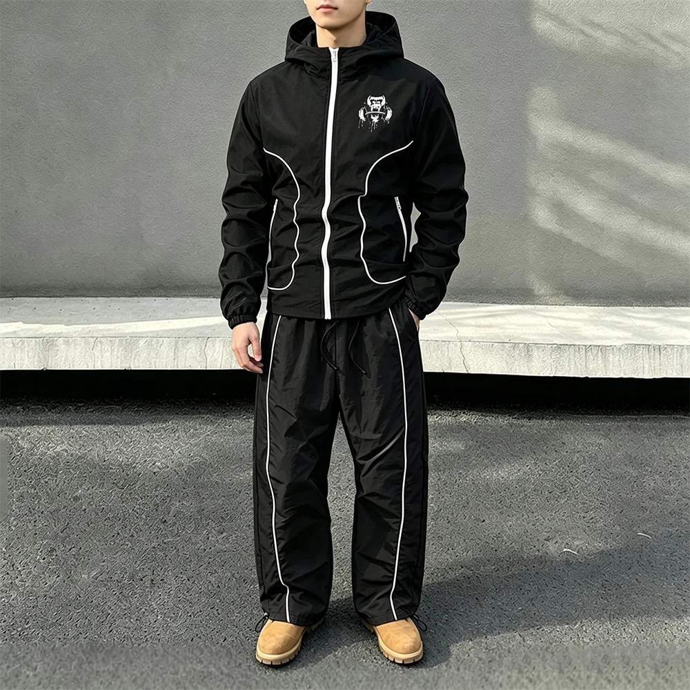 Men 2 Piece Tracksuit Gorilla Dumbbell Print Zip Up Hooded Jacket Drawstring Hem Pants Sportswear Set For Running Streetwear view 2