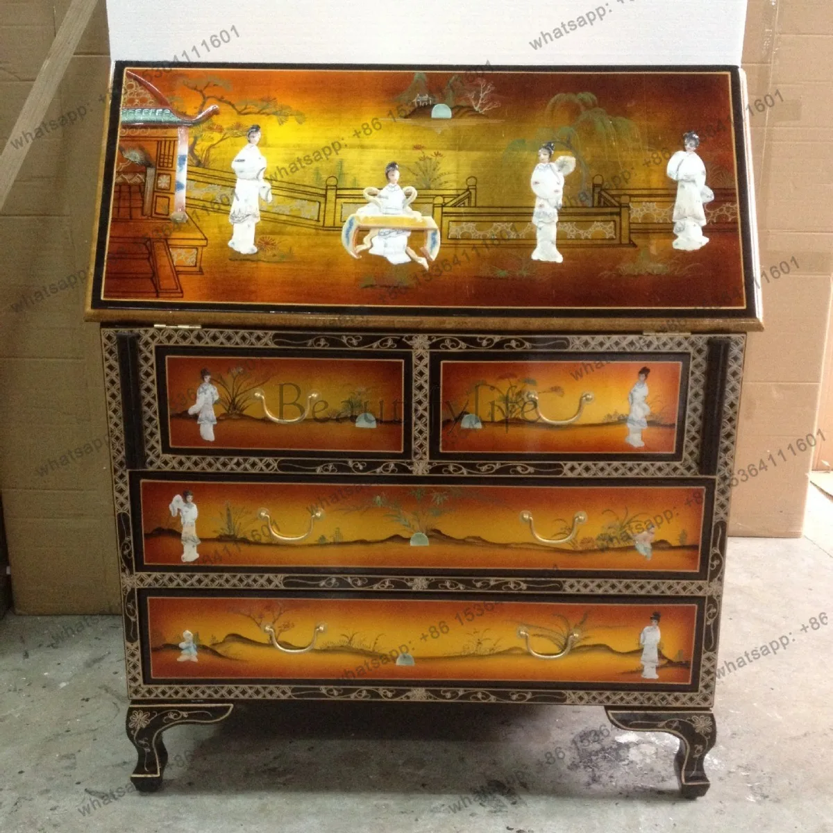 

Gold foil shell classical Chinese furniture flip folding four-bucket locker