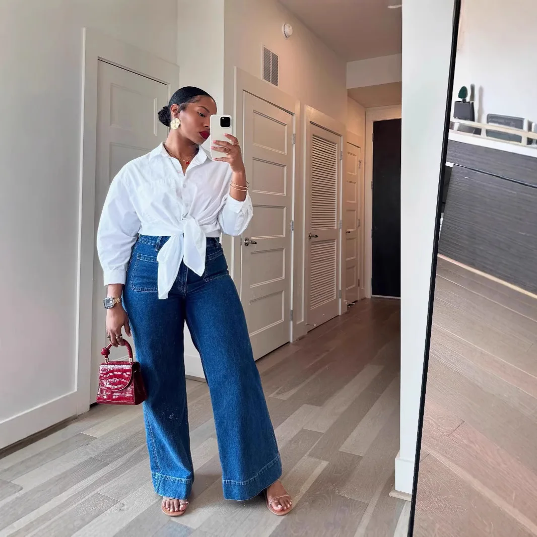 Rechte jeans dames vintage broek vloerlengte hoge taille broek meerdere zakken gewassen noodlijdende 2025, streetwear denims