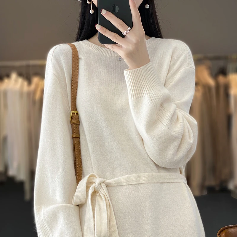 Autumn and Winter New Round Neck Pure Cashmere Knitted Winter Dress Women\'s Length Over The Knee Loose Cashmere Sweater Dress