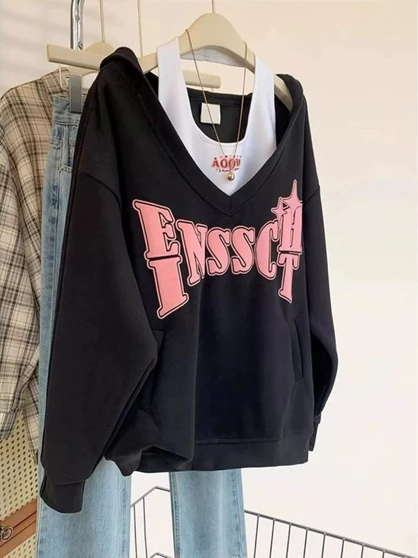 

Женская толстовка больших размеров с V-образным вырезом, американского стиля, с буквенным принтом, свободного кроя, модный топ, удобный, с длинными рукавами, круглым вырезом горловины