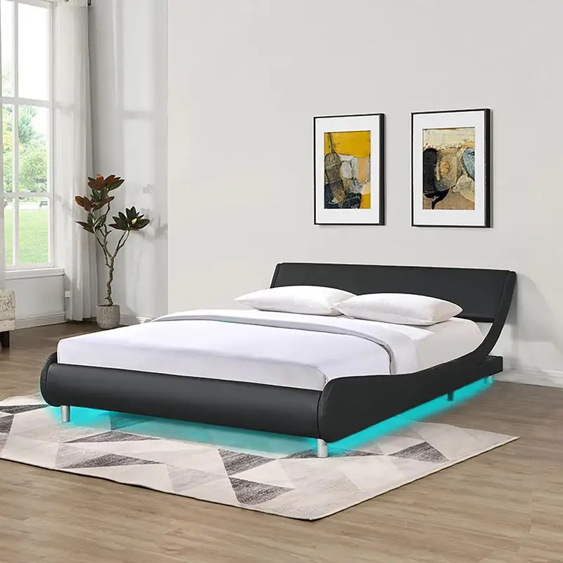 Queen Faux Leather Platform Bed Frame with LED Lights, Remote & App, Curved Design, Wood Slat Support, No Box Spring Required,