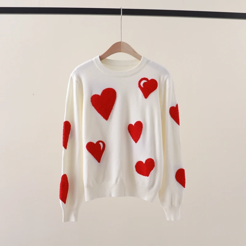 Autumn and Winter New Full Body Love Embroidery Pullover Round Neck Long Sleeve Knit Bottom Shirt Versatile Slim Sweater