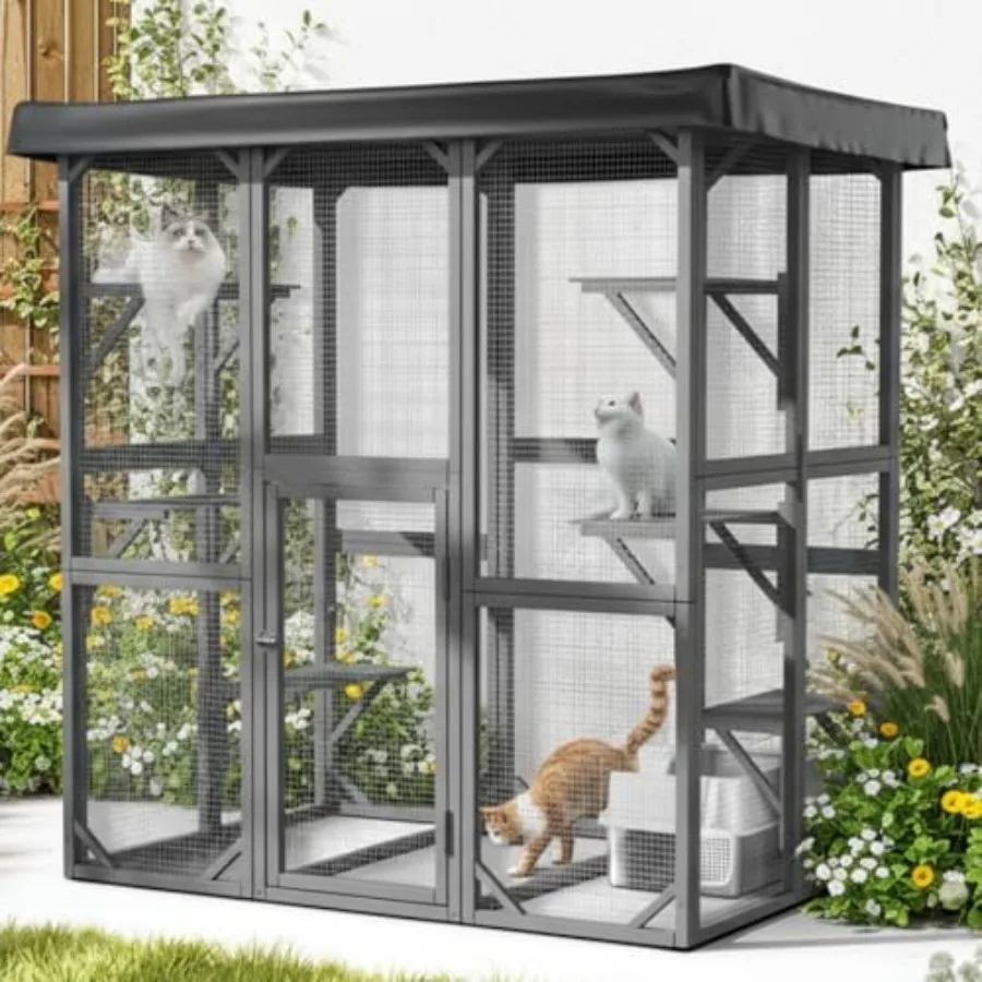 

71inch Large Outdoor Cat Enclosure with Weatherproof Cover Perches and Condo for Multiple Cats Walk-in Cat House in Brown