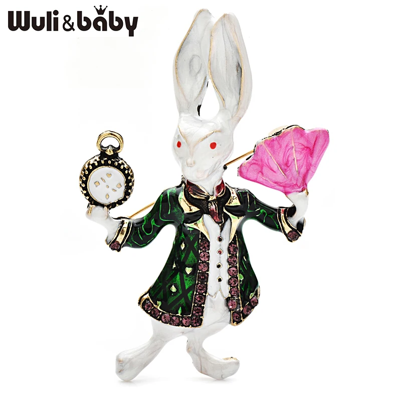 Wuli&baby Broches de Coelho Divertidos para Mulheres e Unissex, Esmaltados em 2 Cores, com Design de Coelho Segurando Relógio e Leque, Raro, para Festas Casuais, Presentes