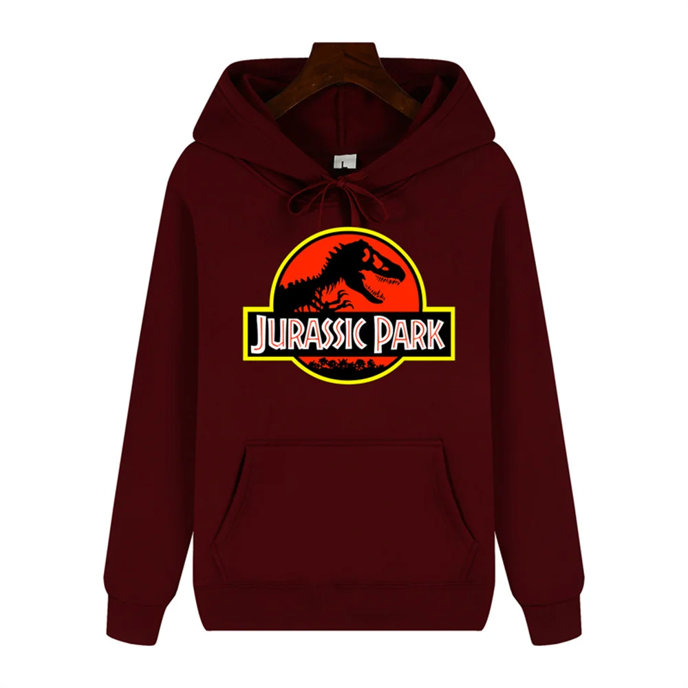 Men\'s high-end quality Jurassic Park pattern print Autumn Winter thick warm outdoor hooded hoodie Harajuku