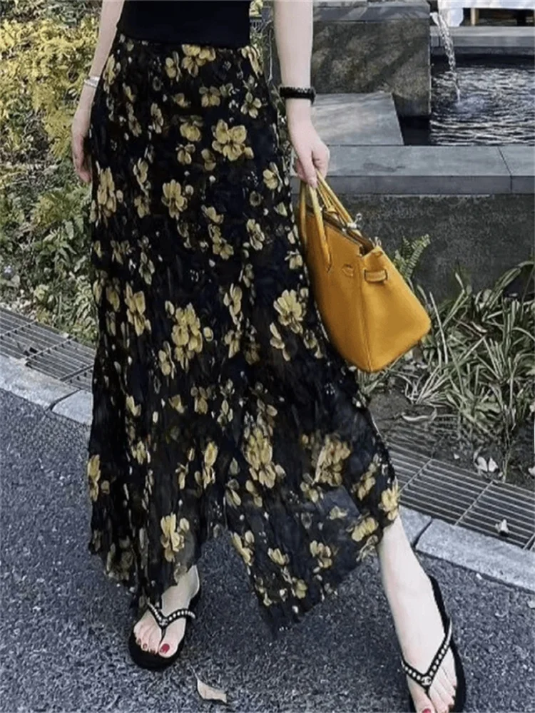 

Ретро асимметричная юбка макси с цветочным принтом, женская, весна 2026, с завышенной талией, А-силуэт, красивая юбка Aosphere Sensation