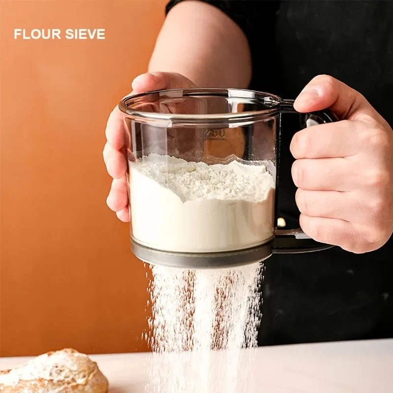 1Pc Semi-Automatic Flour Sifter With Hand Press Design Transparent Flour Sieve Non-stick Baking Tools Kitchen Gadgets Accessory