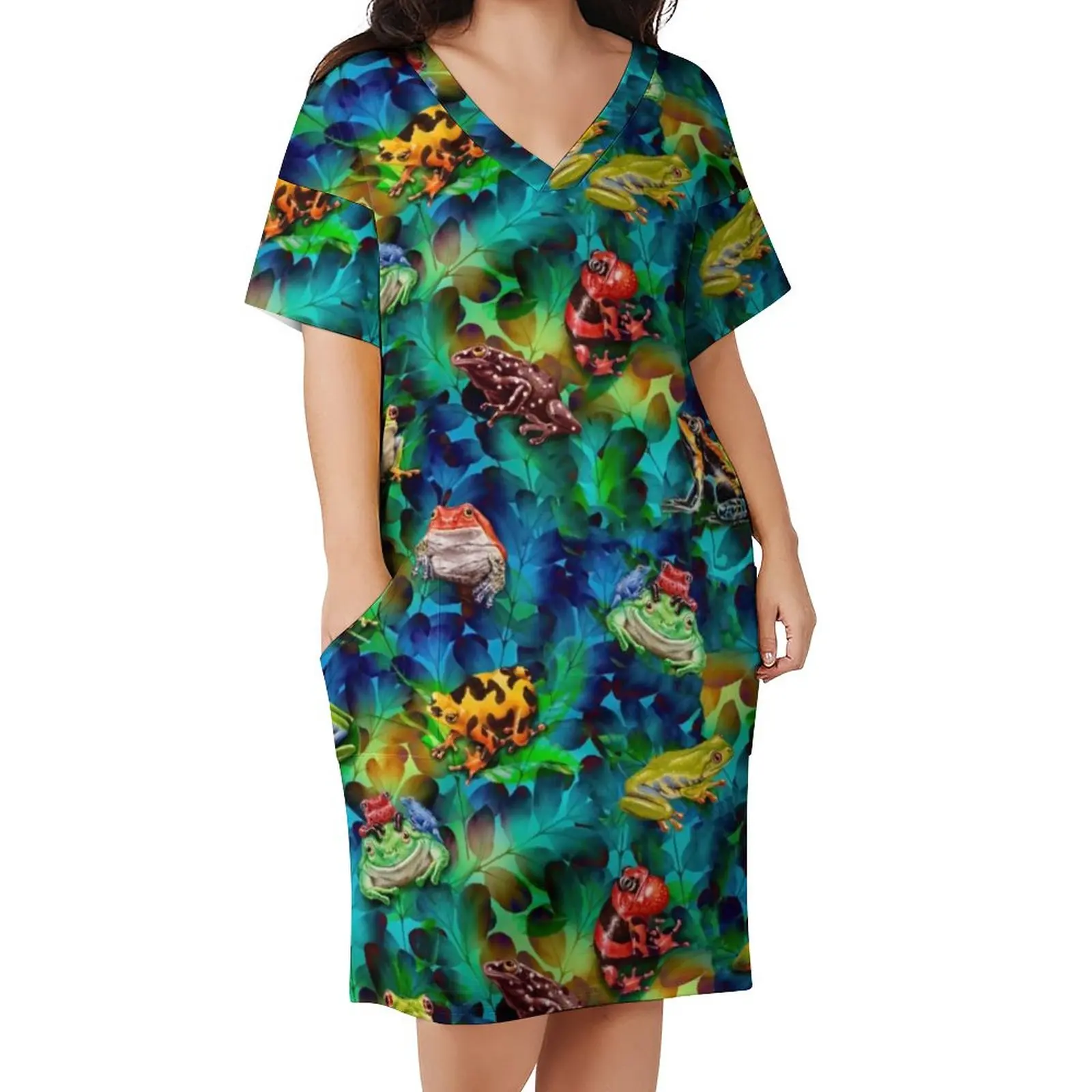 Colorful Frog Art Dress V Neck Watercolor Animal Print Stylish Dresses Women Street Style Custom Casual Dress With Pockets