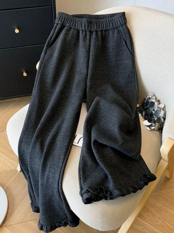 Thickened Woolen Wide Leg Pants Women's High Waist Elastic Pocket Pure Color Korean Style Commute Straight Cut Trousers