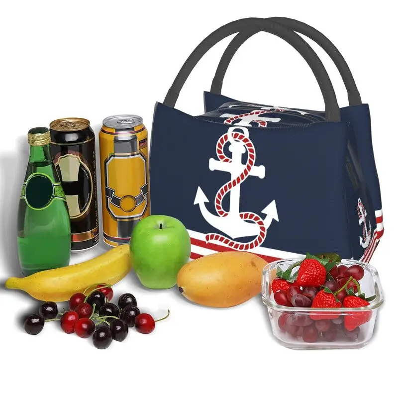 Nautical Red White Stripes Red Anchor Portable Lunch Box Multifunction Navy Navigation Thermal Cooler Food Insulated Lunch Bag