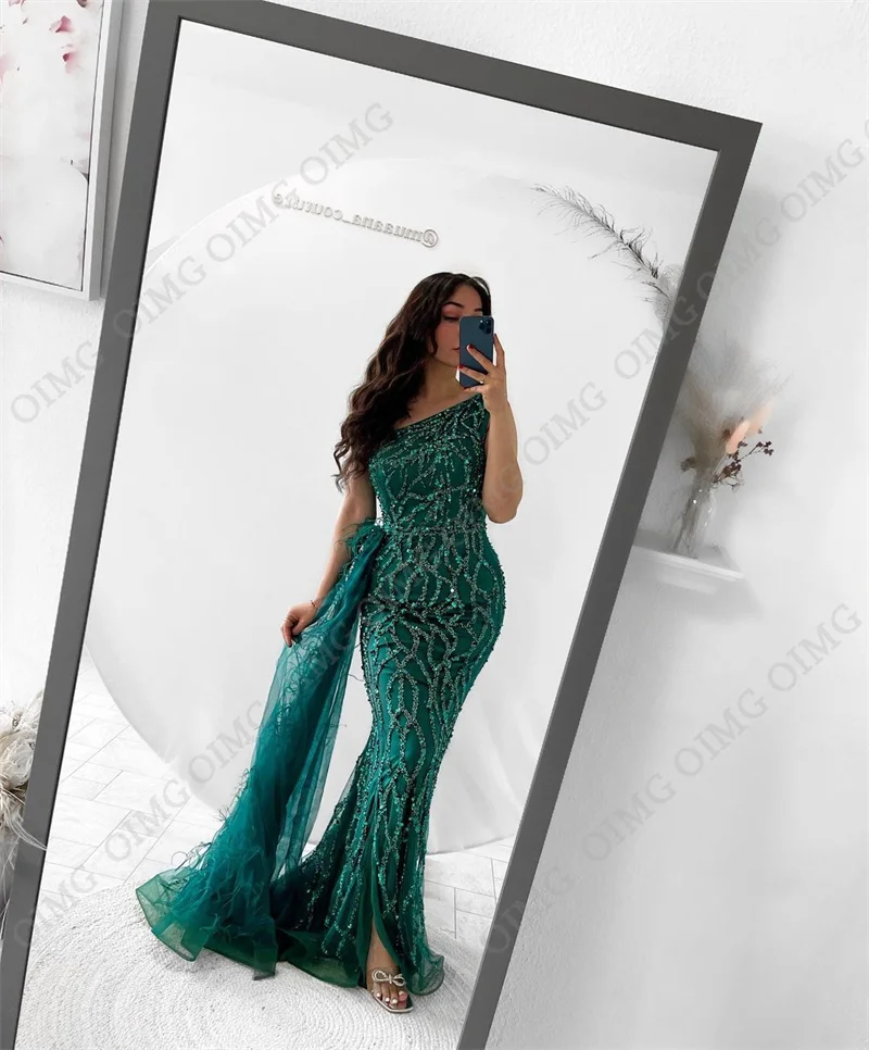 OIMG Green/Pink Shiny Sequins Evening Dresses One Shoulder Tulle Pleated Sleeveless Prom Gowns Celebrity Formal Party Robe