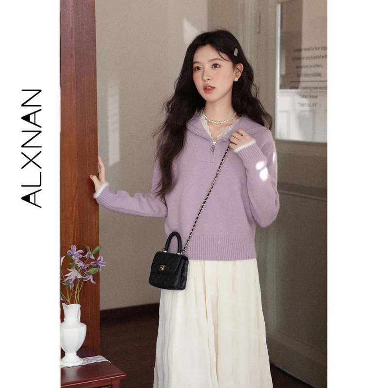 ALXNAN Dames Paarse Trui Herfst Winter Gebreide Truien Chic Chic Rits Hals Casual Warme Trui Lange Mouw Tops L59016